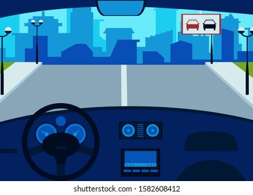 Car interior inside, steering wheel and dashboard, speedometer. View from the interior of the car on the road. Flat cartoon vector illustration.