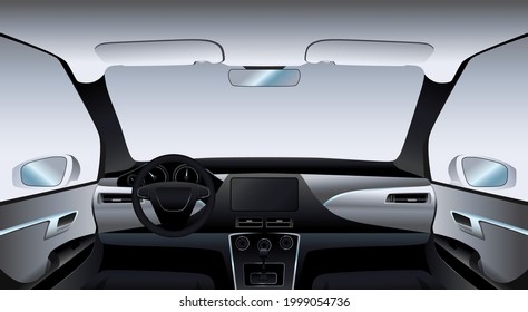 Car interior mockup. View from inside the car on the dashboard. Vector illustration