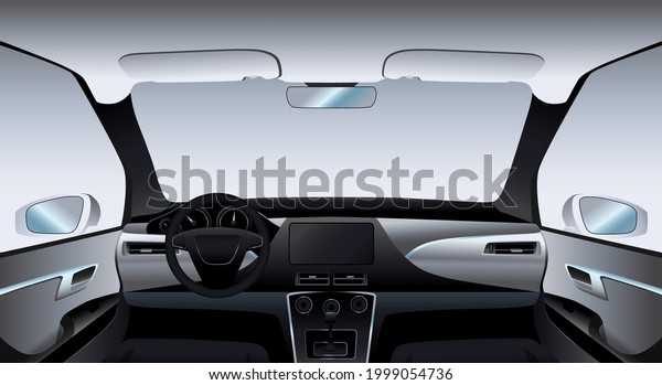 Car interior mockup. View from inside the
car on the dashboard. Vector
illustration