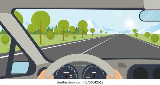 Car interior. Modern car interior with steering wheel and hands. Highway to hill, with rising sun and clouds on background. Speedometer and safe journey vector illustration. Ray of lights and nature.