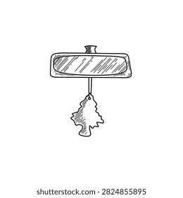 Car interior rearview mirror with hanging tree air freshener illustration
