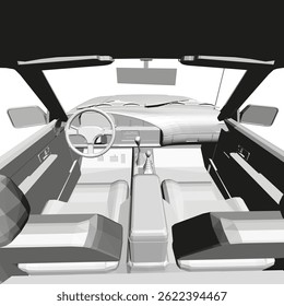 A car interior with a steering wheel and a gear shift. The car is a convertible. The interior is very clean and organized