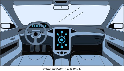 Car interior vector cartoon outline illustration. Driver view with big sensor system, rudder, dashboard, and front panel. Interior of the automobile, vehicle background, design inside the car concept.