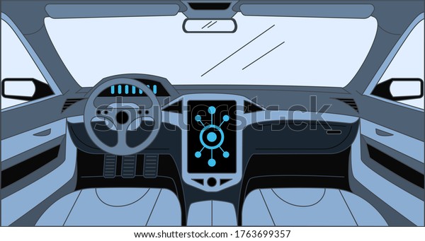 Car interior vector cartoon outline\
illustration. Driver view with big sensor system, rudder,\
dashboard, and front panel. Interior of the automobile, vehicle\
background, design inside the car\
concept.