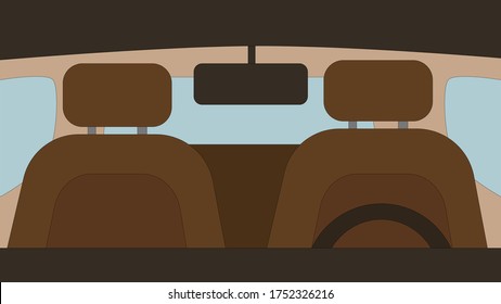 Car Interior. View From Inside Of The Car. Travel Background. Car Background. Automobile Look. Cartoon Car Interior Background, Copy Space