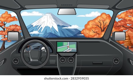 Car Interior View of Snow Capped Mountain and Autumn Trees