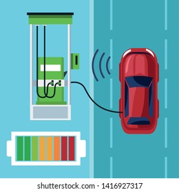 car internet conectivity in gas station with battery icon and communitation sign icon cartoon vector illustration graphic design