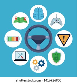car internet conectivity rudder with technology icons with computer, battery, maps and shield protection cartoon vector illustration graphic design