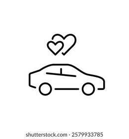 Car and intertwined hearts. Honeymoon travel, romantic getaway. Newlyweds, wedding and romance. Pixel perfect vector icon