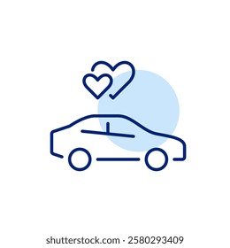 Car and intertwined hearts. Honeymoon travel, romantic getaway. Newlyweds, wedding and romance. Pixel perfect, editable stroke icon