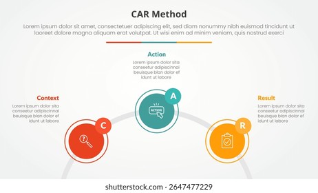 conceito infográfico do modelo da entrevista do CAR para a apresentação do slide com o contorno do círculo ligado circular em semicírculo com lista de 3 pontos com vetor de estilo plano
