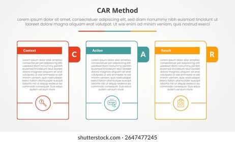 CAR interview model infographic concept for slide presentation with big outline table with title badge and circle accessories bottom with 3 point list with flat style vector