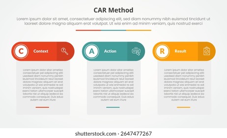 CAR interview model infographic concept for slide presentation with table box and round header with 3 point list with flat style vector