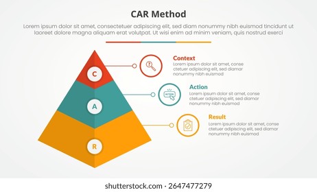 CAR interview model infographic concept for slide presentation with 3d pyramid shape with 3 point list with flat style vector