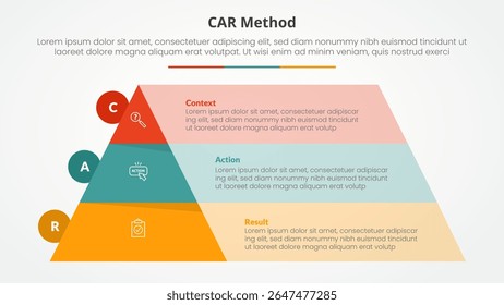 conceito infográfico modelo entrevista CAR para apresentação de slides com pirâmide e retângulo caixa recipiente com lista de 3 pontos com vetor estilo plano