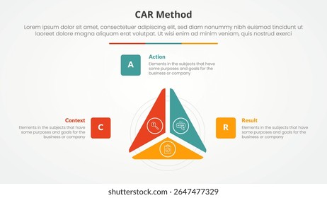 conceito infográfico do modelo da entrevista do CAR para a apresentação do slide com a fatia circular do ciclo do triângulo no centro com lista de 3 pontos com vetor do estilo plano