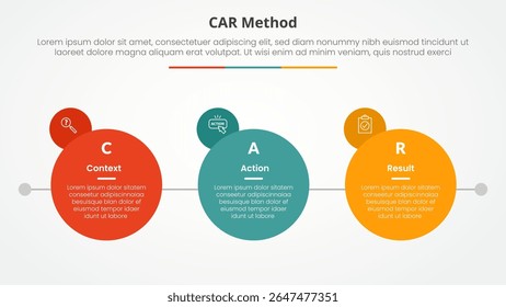 conceito infográfico modelo entrevista CAR para apresentação de slide com grande círculo com distintivo círculo pequeno no lado com lista de 3 pontos com vetor estilo plano