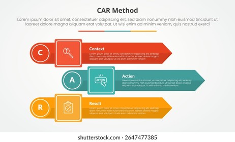 Concepto de infografía modelo de entrevista CAR para presentación de diapositivas con pila de flechas rectangulares con borde circular con lista de 3 puntos con Vector de estilo plano