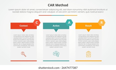 Concepto de infografía modelo de entrevista CAR para presentación de diapositivas con insignia de encabezado de flecha de tabla grande con lista de 3 puntos con Vector de estilo plano