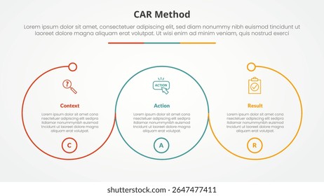 Concepto de infografía modelo de entrevista CAR para presentación de diapositivas con gran círculo de contorno circular con lista de 3 puntos con Vector de estilo plano