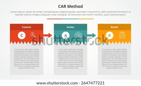 CAR interview model infographic concept for slide presentation with creative box table with big header and arrow with 3 point list with flat style vector