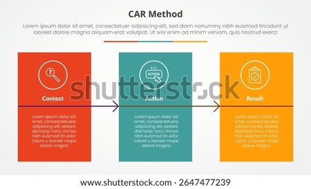 CAR interview model infographic concept for slide presentation with big block table box with arrow with 3 point list with flat style vector