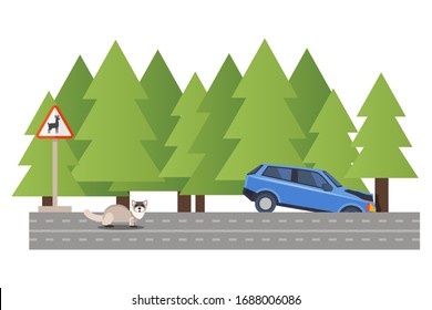 Car involved accident, vehicle crash forest road, fell ditch, machine accident due wild animal, isolated on white, flat vector illustartion. Warning sign Deer, woodland, pine dense forest.