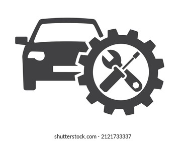 Autoradio Symbol Vektorsymbol Logo-Vorlage Transport. Schwarzes Auto, Zahnrad und Werkzeuge