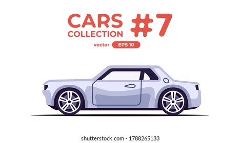 Auto einzeln auf weißem Hintergrund. Flachstil eps10 Illustration. Fahrzeugsatz. Seitenansicht. Einfaches modernes Design. Symbolsammlung. Silbergraue Farbe.