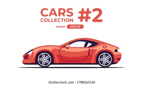 Auto einzeln auf weißem Hintergrund. Flachstil eps10 Illustration. Fahrzeugsatz. Seitenansicht. Einfaches modernes Design. Symbolsammlung. Roter Supercar Limousine.