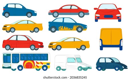 Car, isolated on white set, vector illustration. Colorful flat vehicle, automobile transport with wheel, bus and truck collection design.
