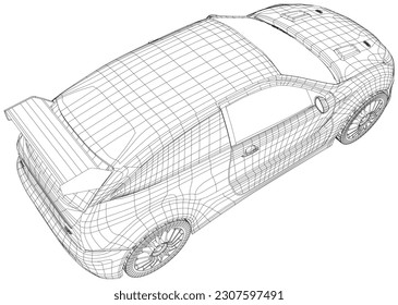 Coche. Línea aislada del bastidor de alambre en el fondo. Representación vectorial de 3d