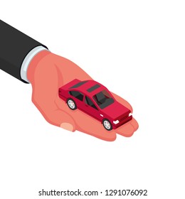 Car isometric holding in hand. Vector illustration 3D design. Isolated on white background. As a template for web pages sales and rental auto.