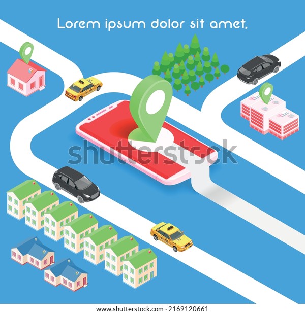 Car isometric online delivery\
service, application order delivery concept. Flat modern\
illustration 2D style. Geometric city. Taxi order online\
Platform.