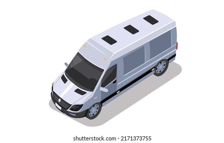Vista isométrica del coche. Color blanco, plata del autobús. Logística del vehículo, transporte de entrega. Elemento para la ciudad vial, calle urbana. Automóvil 3d con sombra aislada sobre fondo blanco. Ilustración vectorial plana