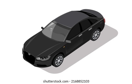 Vista isométrica del coche. Color negro del vehículo premium. Colección de sedán de lujo en taxi. Icono de transportista de lujo para urbano, ciudad, calle. Automóvil 3d con sombra aislada sobre fondo blanco. Ilustración del vector