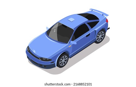 Car isometric view. Vehicle blue color. Sport coupe type model collection. Design element for road city, urban, street. 3d automobile with shadow isolated on white background. Flat vector illustration