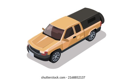 Car isometric view. Vehicle orange color. Pickup, truck model collection. Design element for road city, urban, street. 3d automobile with shadow isolated on white background. Flat vector illustration