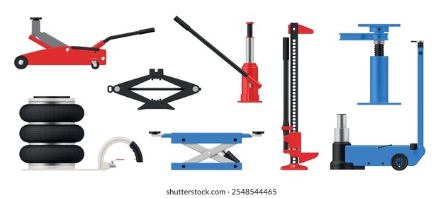 Car jack for automobile repair service set realistic vector illustration. Hydraulic maintenance equipment transportation professional workshop wheel fix manual lift technology station