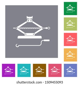 Car jack with crank flat icons on simple color square backgrounds