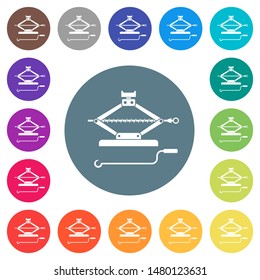Car jack with crank flat white icons on round color backgrounds. 17 background color variations are included.