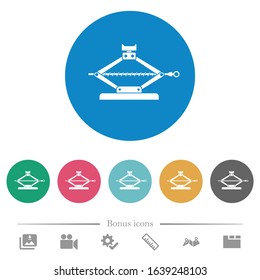 Car jack flat white icons on round color backgrounds. 6 bonus icons included.