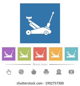 Car jack flat white icons in square backgrounds. 6 bonus icons included.