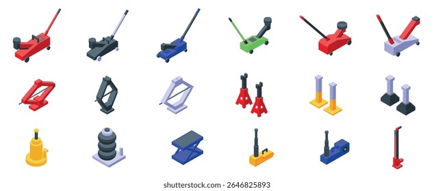  Conjunto de ícones de carro jack. Os diferentes tipos de macacos e de equipamento de elevação são ferramentas essenciais para os mecânicos que efetuam a manutenção e a reparação dos veículos