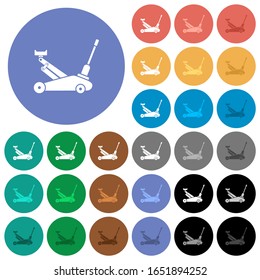 Car jack multi colored flat icons on round backgrounds. Included white, light and dark icon variations for hover and active status effects, and bonus shades.