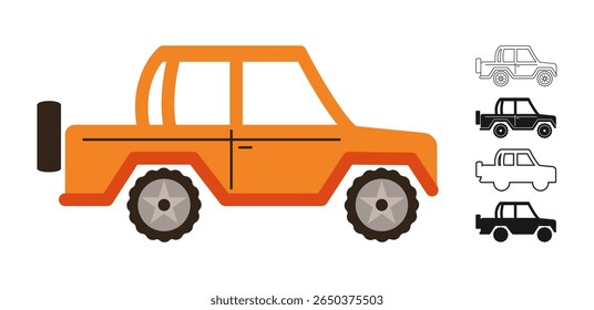 Conjunto de desenhos animados de símbolo de ícone de jipe de carro. Mão desenhado carro suv automóvel bonito em vários estilos coleção de contorno de silhueta colorida. Simples crianças engraçado auto caminhão transporte ícone vetor ilustração