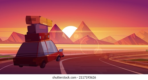 Car journey, summer travel, road trip at scenery sunset landscape with mountains and water bay. Automobile with bags on roof going at overpass highway for vacation holidays Cartoon vector illustration