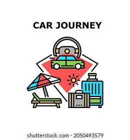 Car Journey Vector Icon Concept. Car Journey With Baggage On Summer Vacation For Resting Seashore And On Beach Chaise Lounge. Driver Driving Automobile For Travel With Luggage Color Illustration