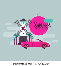 Car journey vector summer vacation traveling sightseeing by vehicle auto backdrop holiday tour illustration automobile tourism summertime adventure background.