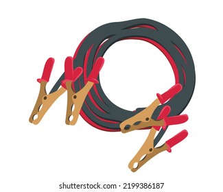 Car jumper power cables. Jump start. Crocodile clips, also called car clips, on a set of connecting cables. Vector illustration isolated on white background.
